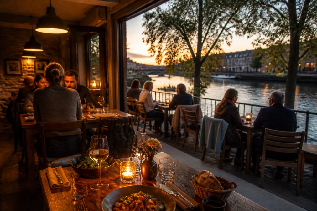 Warm riverside bistro interior with wooden tables, candlelit ambiance, and diners enjoying meals on a riverside terrace overlooking the water at dusk with soft golden lighting