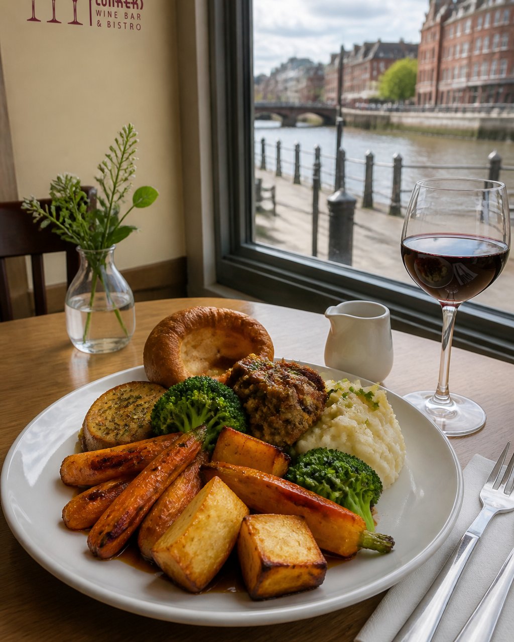 A colourful plate of vegan carvery with roasted root vegetables, greens and plant-based sides on a wooden table beside a riverside window, a glass of red wine catching the light, the river visible through the glass