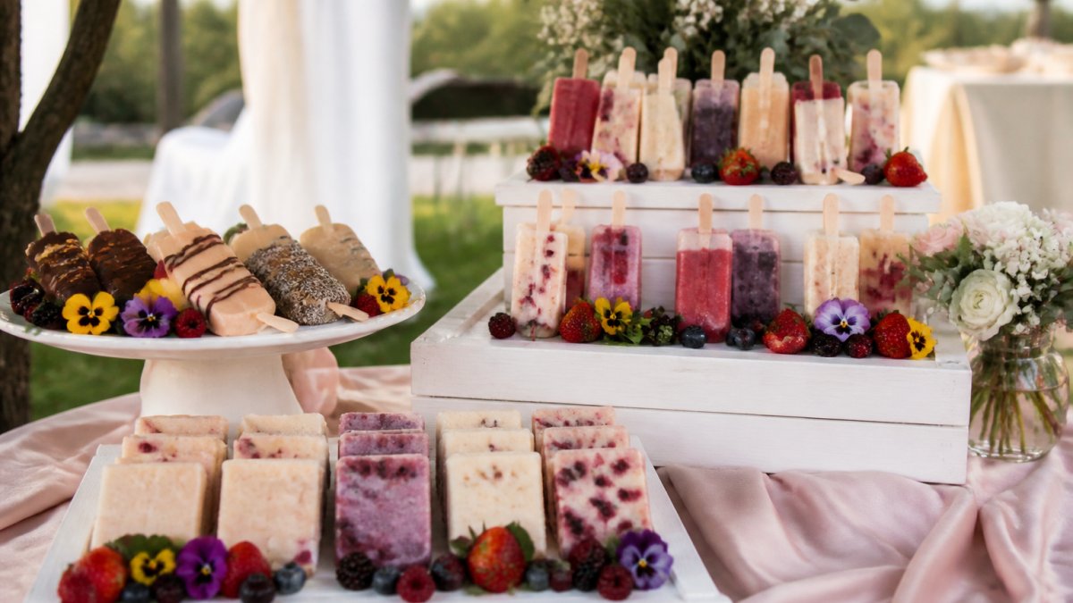 Infographic displaying serving ideas for vegan frozen treats at baby showers with tiered stands and floral accents.