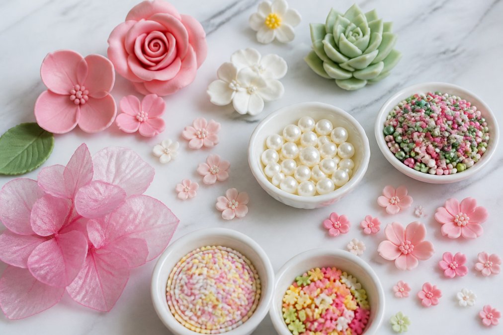 Close-up flat lay of assorted handmade sugar paste toppers, wafer paper flowers, edible pearls and colourful sprinkles arranged on a white marble surface, photographed in bright natural light
