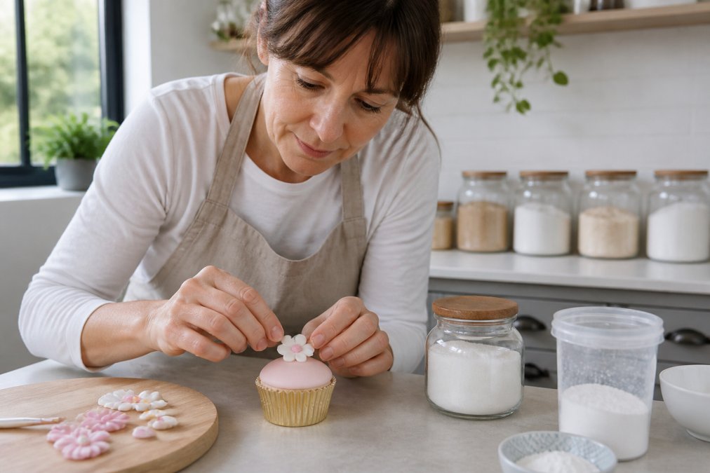 Home baker carefully placing a handmade sugar paste topper onto a frosted cupcake in a clean, tidy kitchen, with clearly labelled ingredient containers visible on the counter behind, warm natural light from a window