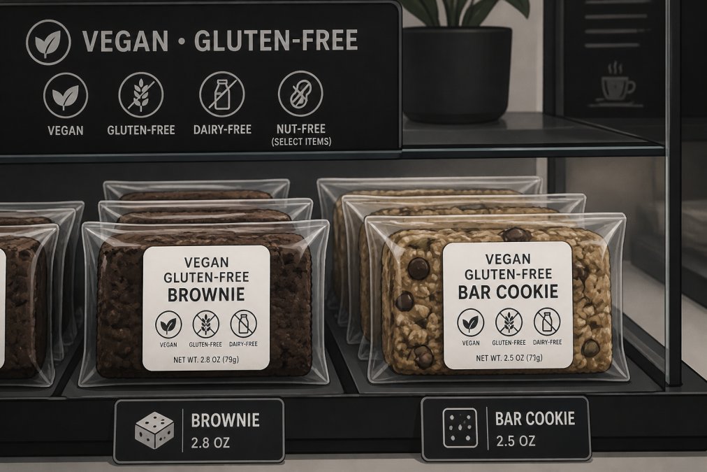 Close-up of a cafe display case showing individually wrapped vegan gluten-free brownies and bar cookies with clear ingredient labels visible on packaging, natural cafe lighting
