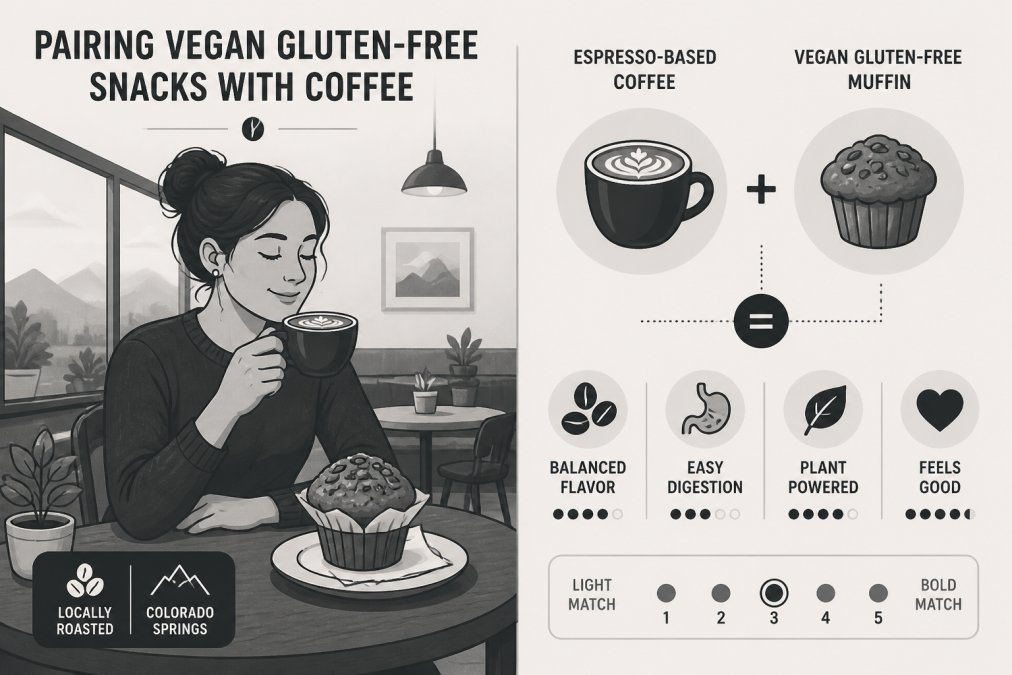 Person enjoying a locally roasted espresso-based coffee alongside a vegan gluten-free muffin at a cafe table with warm natural lighting from large windows