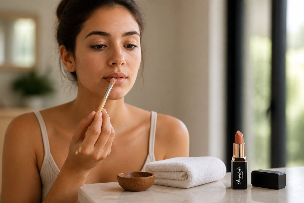 Woman gently exfoliating lips with a soft brush, demonstrating proper lip care routine in natural daylight with soft focus background
