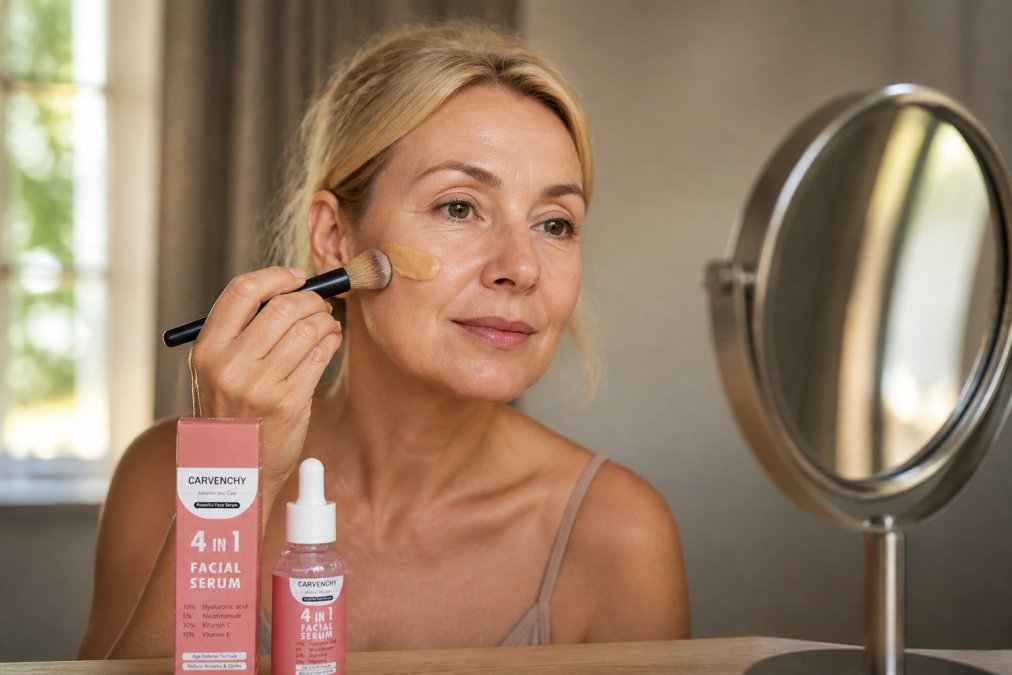 Woman in her 50s applying vegan foundation with a makeup brush to her face in natural morning light, showing hydrated, dewy finish on mature skin