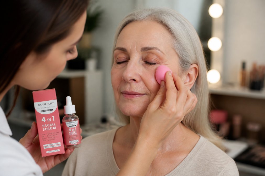 Makeup artist demonstrating gentle stippling technique with damp beauty sponge on mature woman's face, showing proper application to prevent settling into fine lines