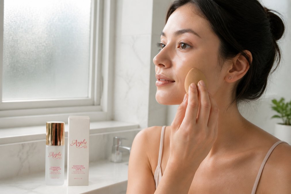 A woman with clear, glowing skin applying lightweight foundation with a damp beauty sponge in a bright, minimalist bathroom, morning light coming through frosted glass, looking relaxed and focused