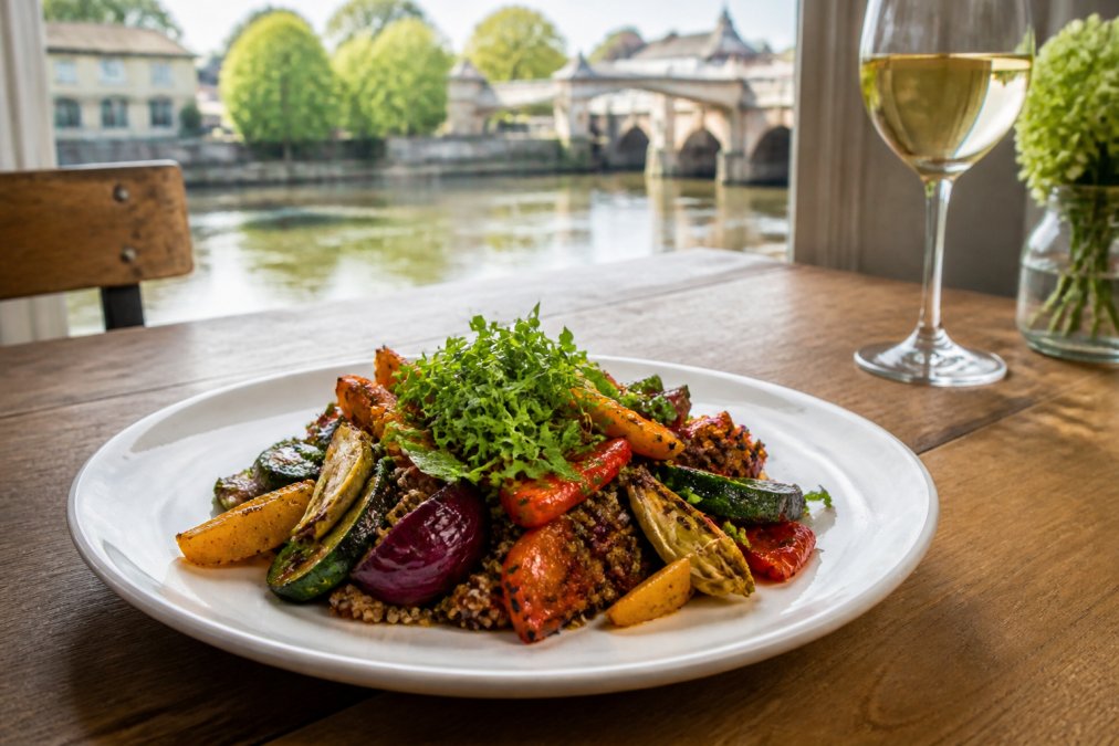 Plated vegan dish featuring roasted seasonal vegetables, grains, and fresh herbs arranged artfully on white ceramic plate with wine glass and riverside window view in soft afternoon light