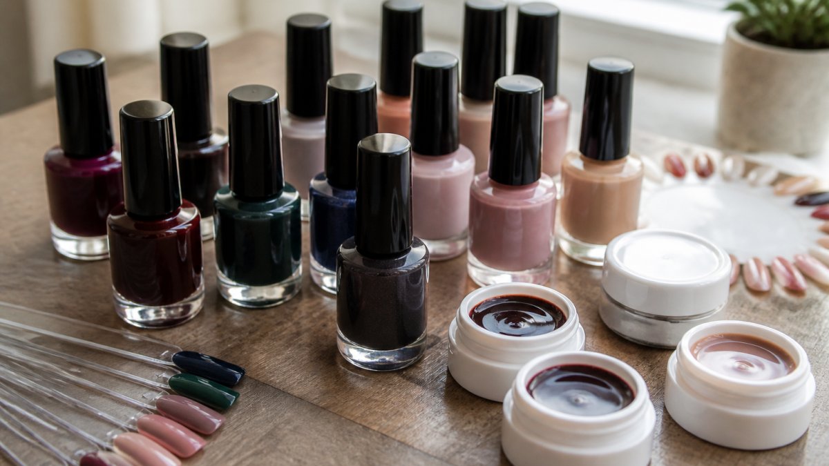Close-up of multiple vegan nail polish bottles and gel products displayed together on a wooden surface, showing various colors from deep jewel tones to soft neutrals with natural window lighting illuminating the finishes