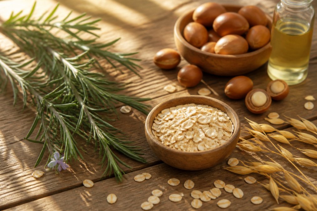 Close-up of fresh botanical ingredients, rosemary sprigs, argan nuts, and oat grains arranged on a natural wooden surface with soft morning sunlight streaming across the arrangement