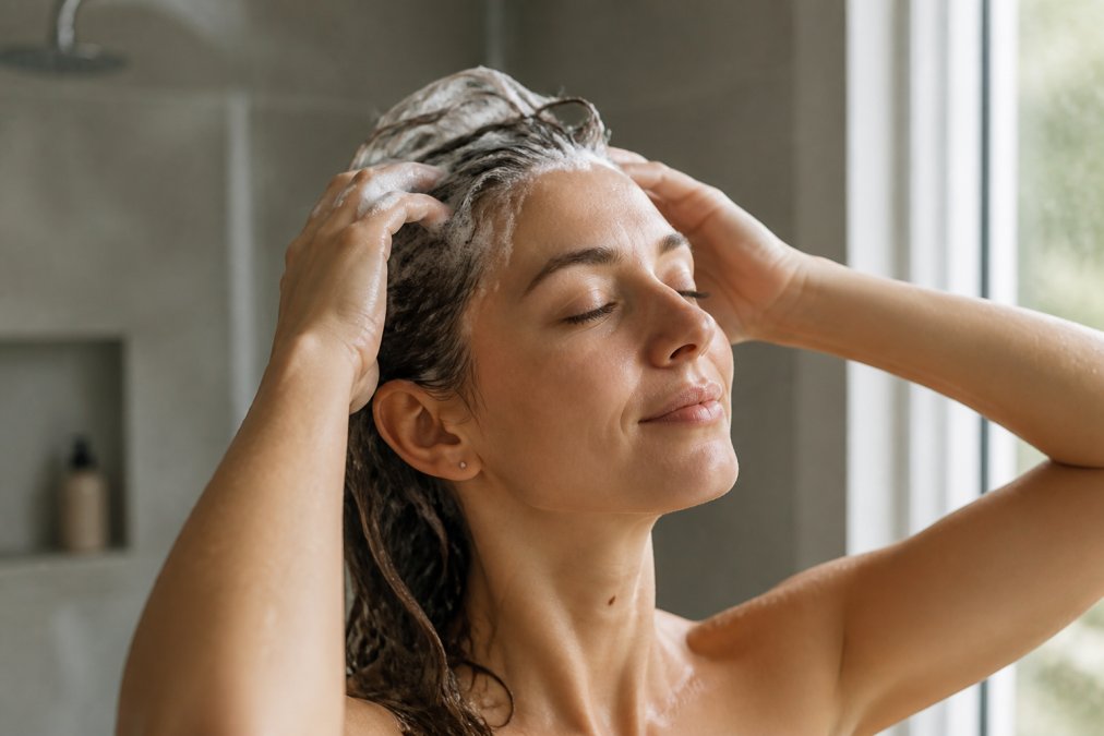 Woman with fine, damp hair applying shampoo to scalp using gentle circular massage motions with fingertips, head tilted slightly back, natural bathroom lighting