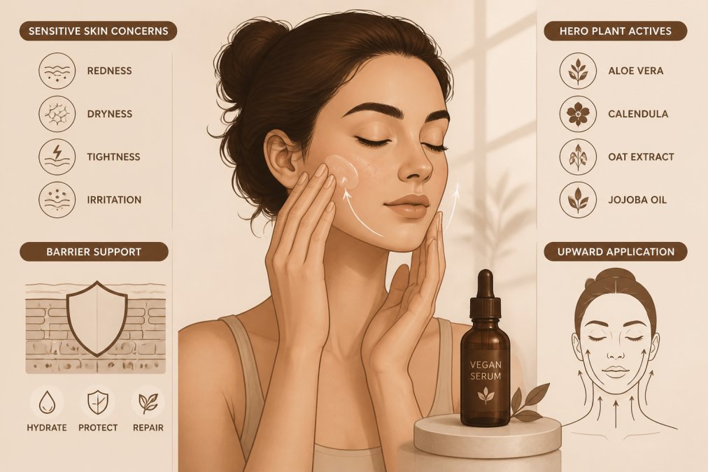Person with sensitive skin gently applying nourishing vegan facial serum to calm complexion, hands showing delicate upward application technique with soft diffused window lighting