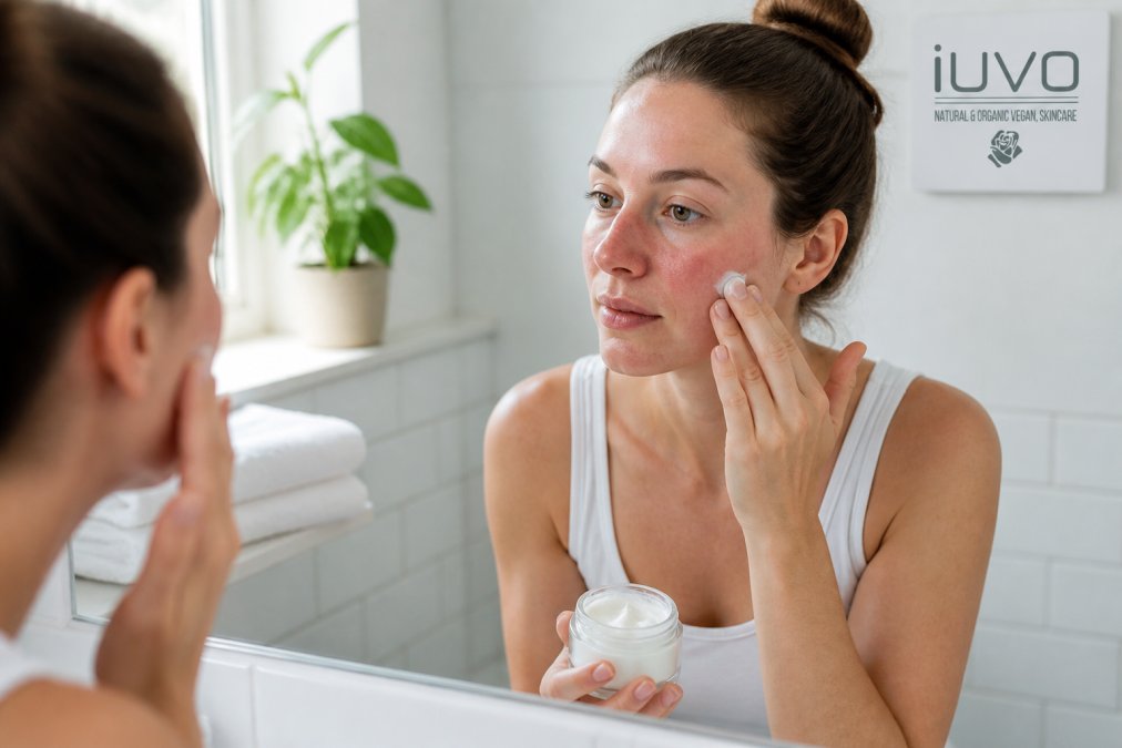 Woman with sensitive red skin applying gentle vegan skincare cream in a bright, minimalist bathroom.