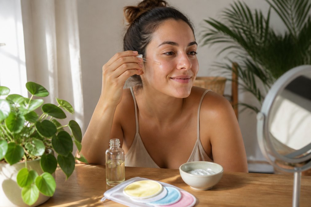Person applying facial serum to cheek in soft morning light from window, with glass bottle of serum, small white bowl of cream mask, and fresh green plant leaves visible on wooden vanity surface