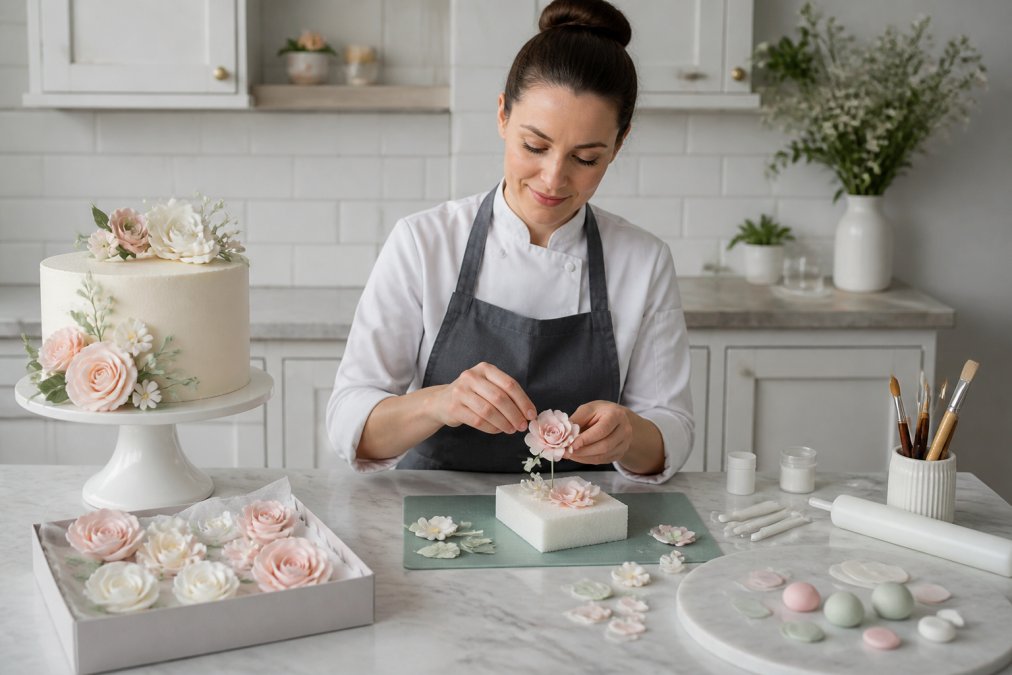 Professional demonstrating vegan sugar flowers for cakes technique in modern clinical setting with natural lighting