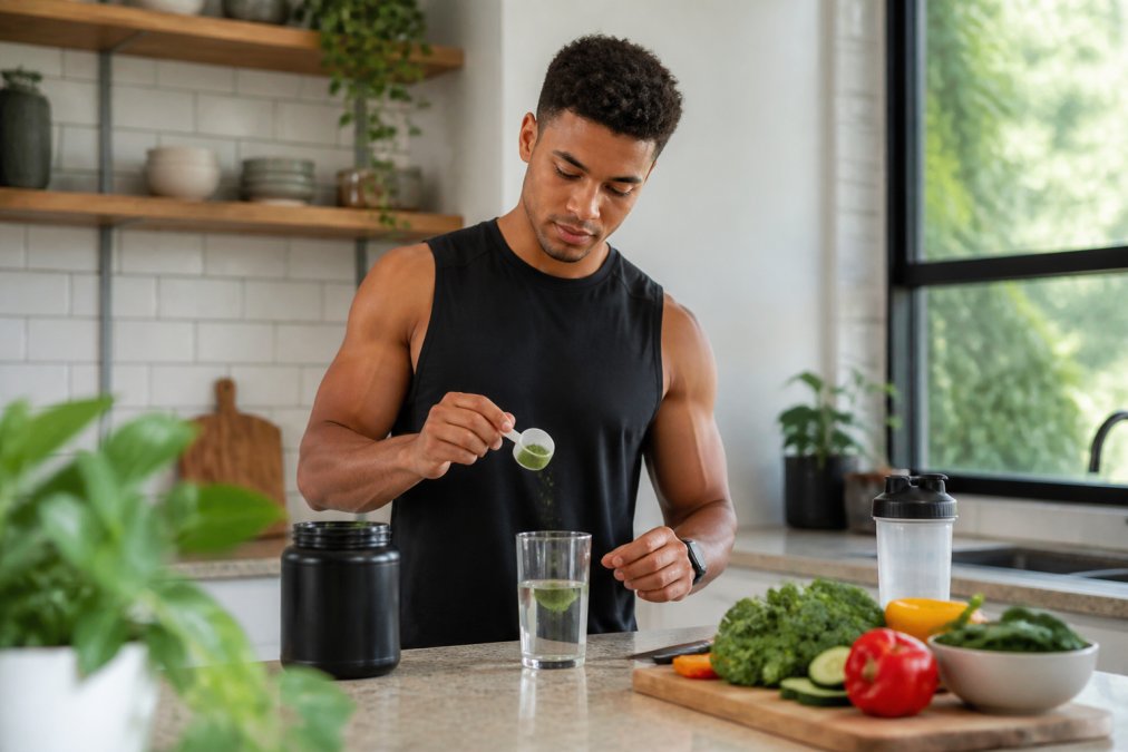 A plant-based athlete in a bright kitchen measuring a scoop of green supplement powder into a glass of water, with fresh vegetables and a shaker bottle on the counter