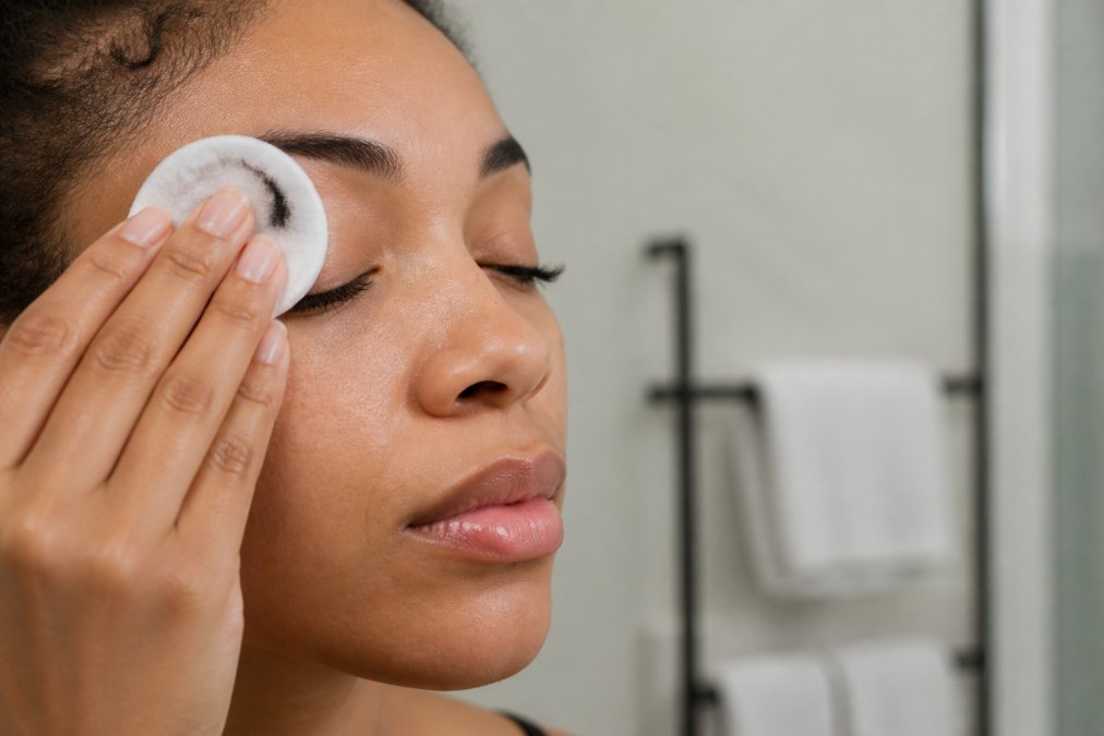 Close-up of a woman's eye area as she gently presses a warm, damp cotton pad against her closed eyelid, with small tube-like mascara fibers visible on the pad, soft bathroom lighting