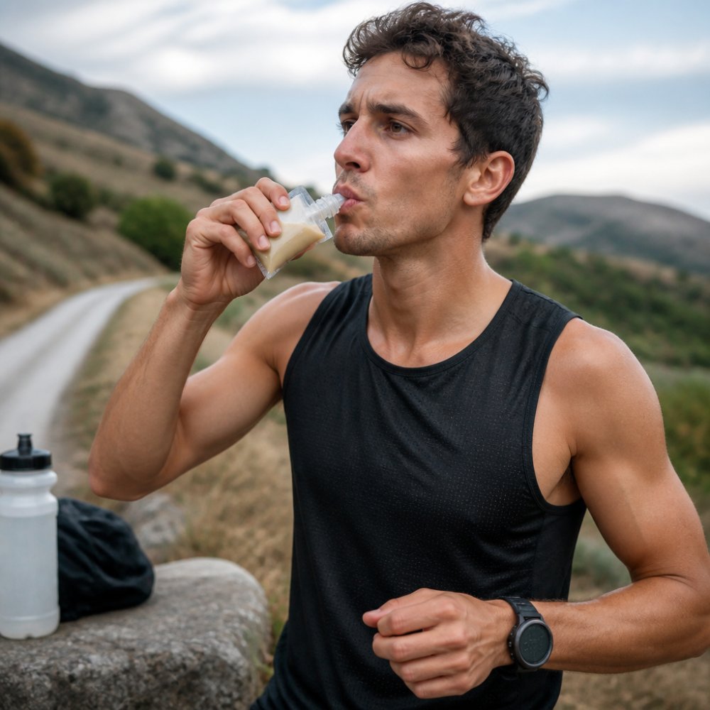 Ausdauersportler während intensivem Training, der ein flüssiges Energiegel aus einem Portionsbeutel konsumiert, mit Trinkflasche und Trainingsausrüstung im Hintergrund