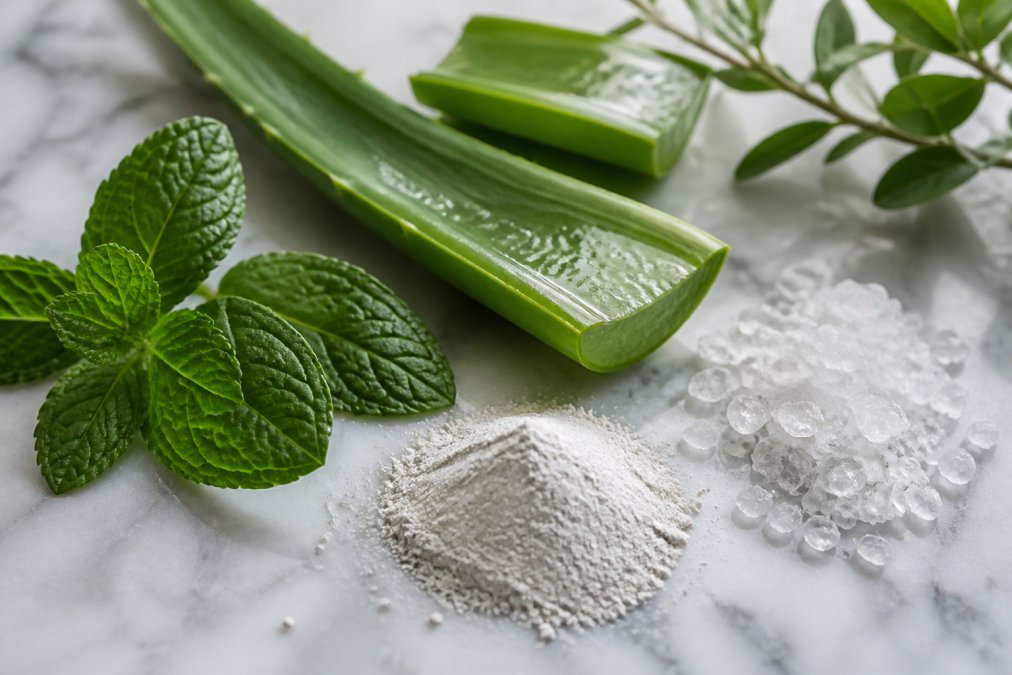 Nahaufnahme von natürlichen Inhaltsstoffen auf heller Oberfläche: frische Minzblätter, aufgeschnittenes Aloe Vera Blatt mit Gel, fein verteiltes Zinkpulver und kristalline Salizylsäure-Partikel, ästhetisch arrangiert auf weißem Marmor mit natürlichem Licht