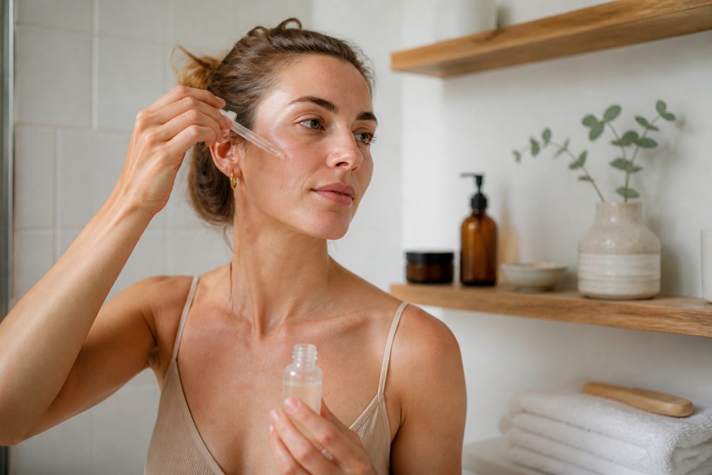 Eine Person mit sensibler Haut trägt sanft ein leichtes Serum auf ihr Gesicht auf, mit minimalistischen Produkten im Hintergrund auf einem hellen Badezimmerregal
