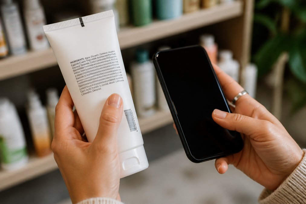 Eine Nahaufnahme einer Kosmetikverpackung mit deutlich sichtbarer INCI-Liste, daneben ein Smartphone mit einer INCI-Datenbank-App, die einen Stoff überprüft