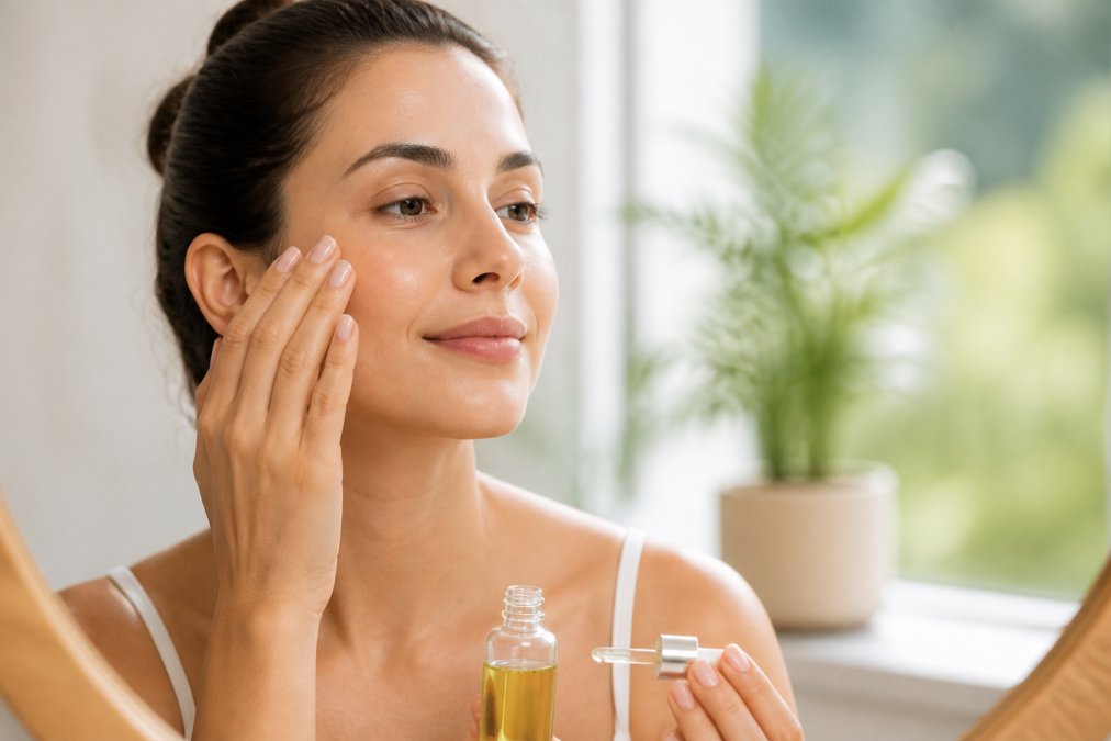 Person gently applying natural serum or oil to cheek with soft, diffused lighting to convey gentleness and care