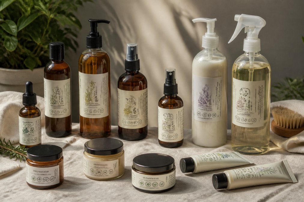 Close-up of various cosmetic products with visible seals and labels on natural background to show certifications and transparency