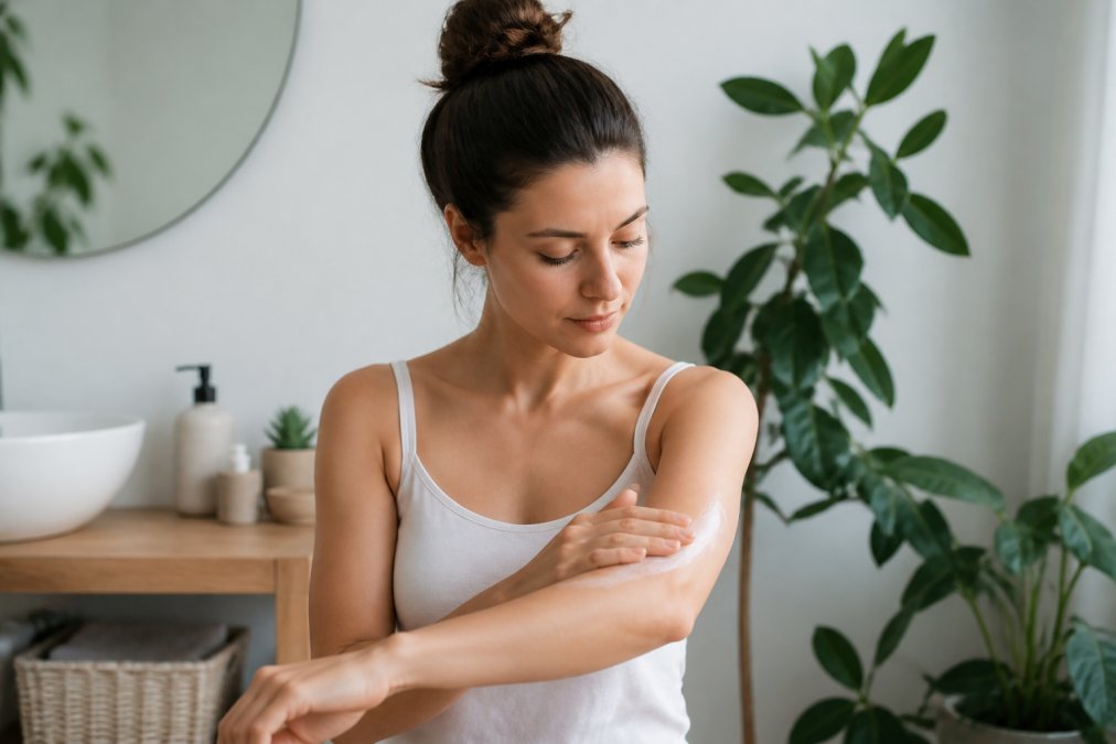 Eine Frau mit sensibler Haut trägt sanft eine Naturkosmetik-Creme auf ihren Unterarm auf, in einem hellen, minimalistischen Badezimmer mit Pflanzen im Hintergrund
