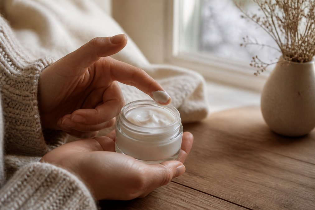 Nahaufnahme einer Hand, die mit dem Finger eine kleine Menge weißer Creme aus einem Glas mit minimalistischem Etikett entnimmt, weiches Winterlicht im Hintergrund, gemütliche und saubere Ästhetik