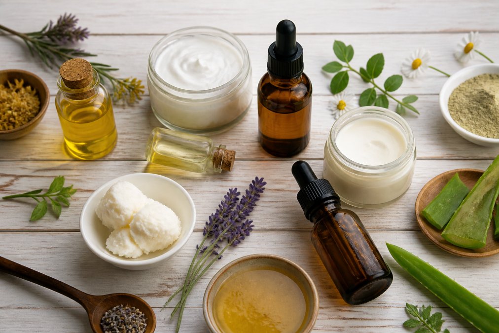 Flatlays von natürlichen Kosmetikprodukten, einschließlich Glasflaschen mit ätherischen Ölen, Cremetiegeln und natürlichen Inhaltsstoffen wie Sheabutter und Aloe Vera auf einer hellen Holzoberfläche