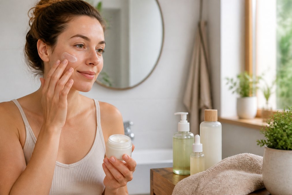 Eine junge Frau mit empfindlicher Haut trägt in einem hellen Badezimmer sanft eine vegane Naturkosmetik-Creme auf ihr Gesicht auf, daneben stehen minimalistisch gestaltete Flaschen mit pflanzlichen Pflegeprodukten und ein Handtuch aus Naturfasern