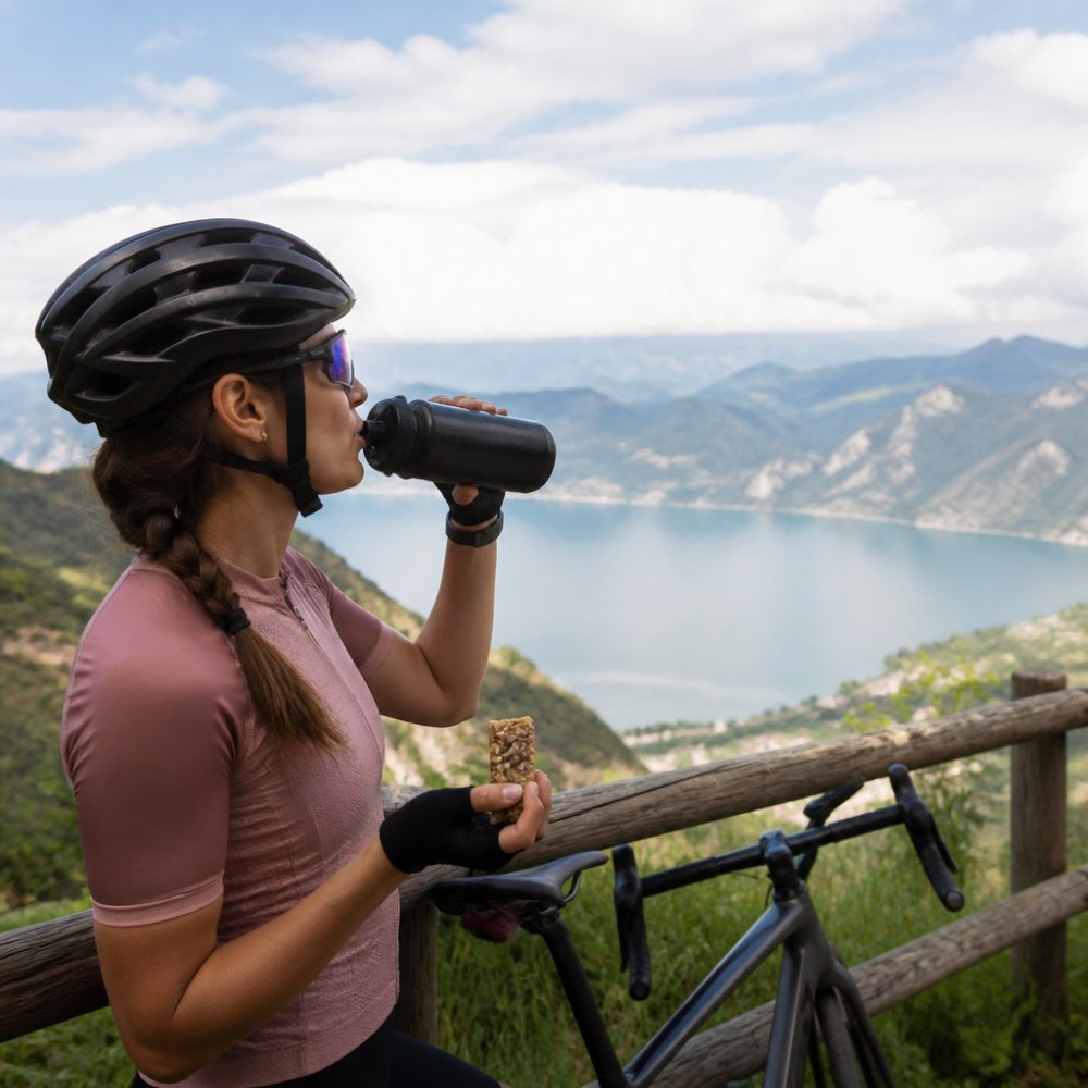 A cyclist on a long road tour stopping at a scenic viewpoint, drinking from a water bottle and eating a homemade energy bar, with a bike leaning against a wooden fence in the background