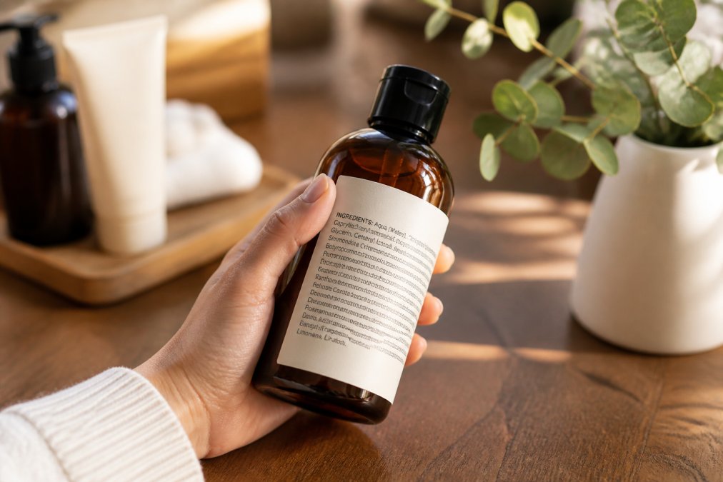 Hand hält eine Kosmetikflasche mit INCI-Liste auf einem Holztisch für tierversuchsfreie kosmetik im Tageslicht
