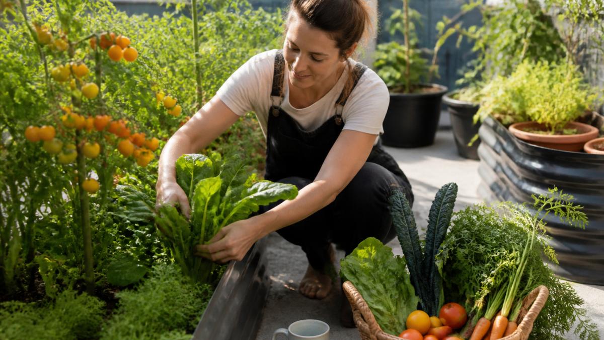 Gardener tending to raised beds and containers filled with leafy greens and tomato plants in bright afternoon sunlight, hands harvesting fresh vegetables