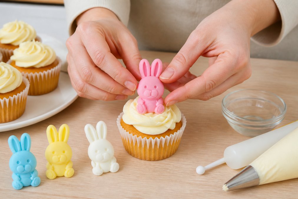 Close-up of hands gently placing a handmade sugar paste topper onto a cupcake with buttercream frosting, showcasing the precise application technique and the delicate nature of the decoration