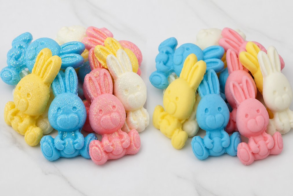 Array of colourful handmade edible toppers displayed on a white surface, showcasing intricate hand-painted details and edible glitter finishes, with visible individual character and craftsmanship