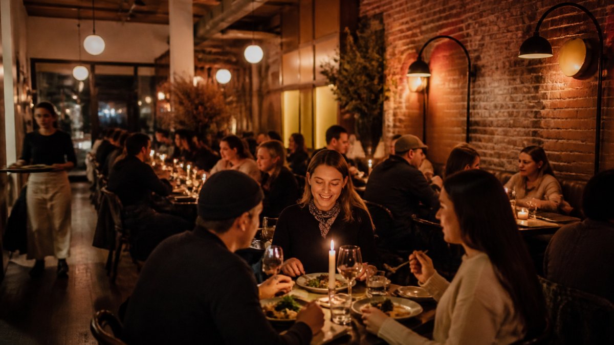 Vibrant dining room at Robby's with guests enjoying candlelit meals at intimate tables, warm amber lighting casting a glow across casual-chic decor with exposed brick and modern fixtures, creating an inviting neighborhood atmosphere