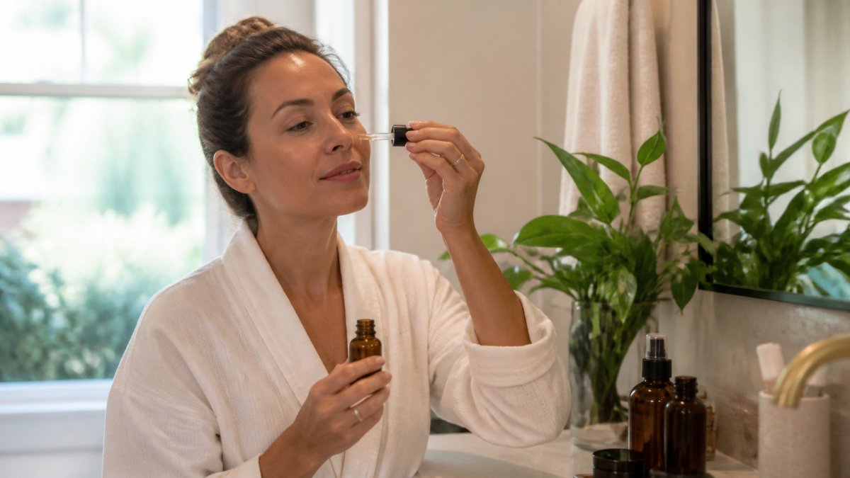 A woman in her 30s applying facial oil at a bathroom vanity, amber glass bottles and a green plant on the counter, soft morning light through a window
