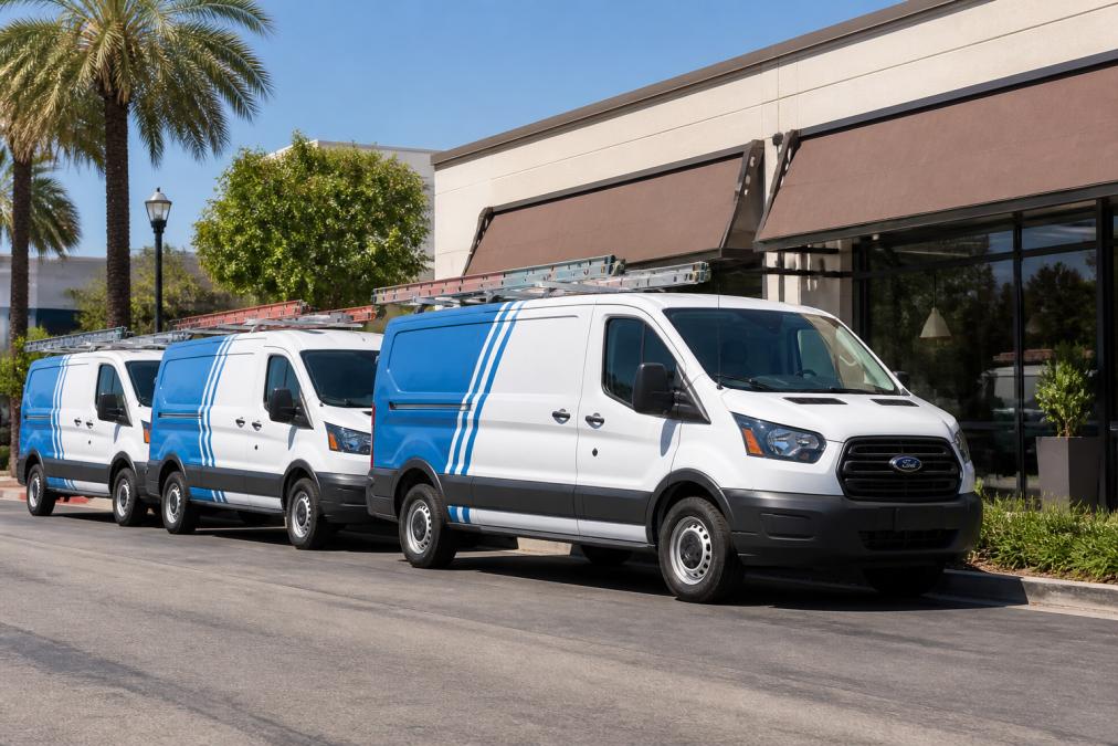 A row of three matching service vans with clean branded graphics parked outside a small local business storefront on a sunny day
