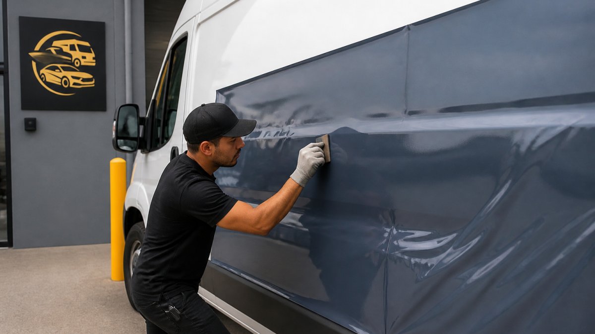 Professional installer carefully applying vinyl wrap to commercial delivery van, showing precision work on vehicle's side panel with squeegee tool in hand, natural outdoor lighting