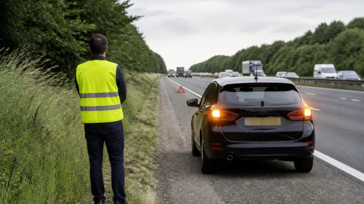 Vehicle Hazard Light Placement: Best Practices Stationary car parked on motorway hard shoulder with hazard lights flashing, warning triangle positioned 45 metres ahead on the road, and driver standing safely behind the vehicle on the verge away from traffic flow