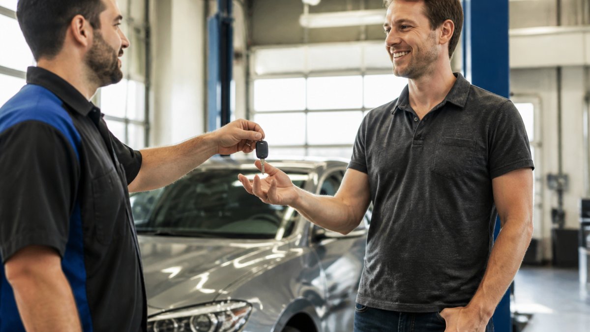 Repair shop technician handing car keys to satisfied customer in modern garage facility with vehicle visible in background, professional service setting with natural lighting