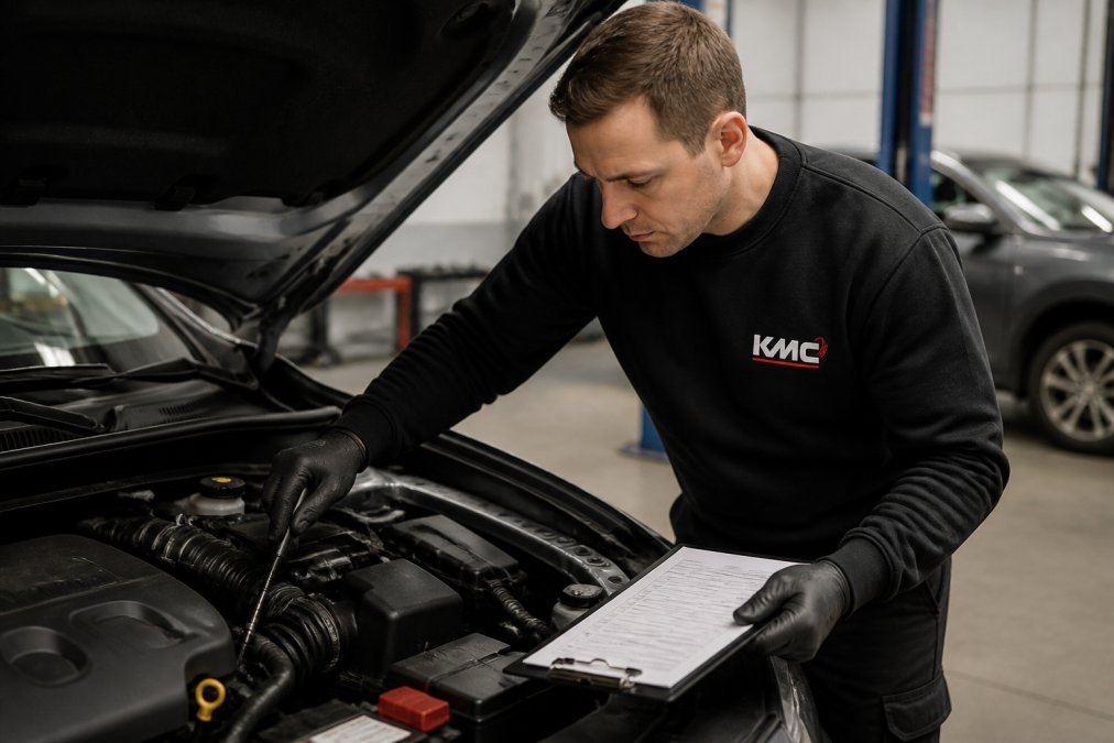 Professional mechanic inspecting vehicle engine under bonnet with diagnostic tools and clipboard checklist visible, natural workshop lighting