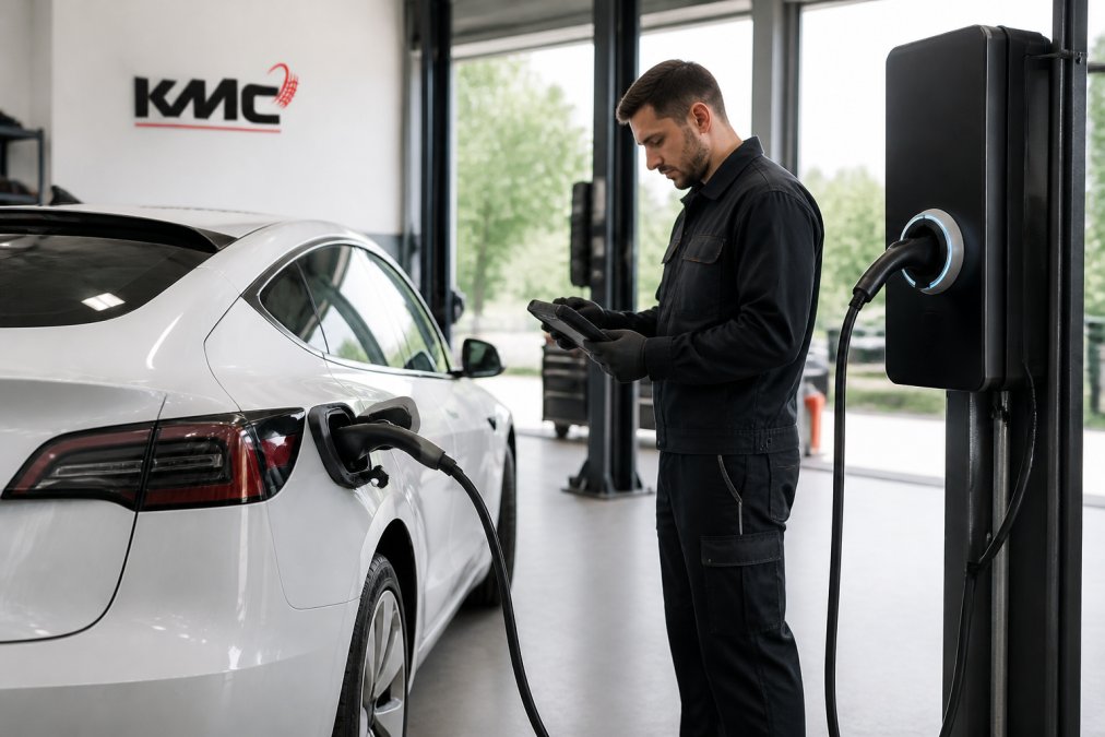 Electric vehicle connected to charging station with technician holding diagnostic tablet nearby, modern garage setting with natural lighting