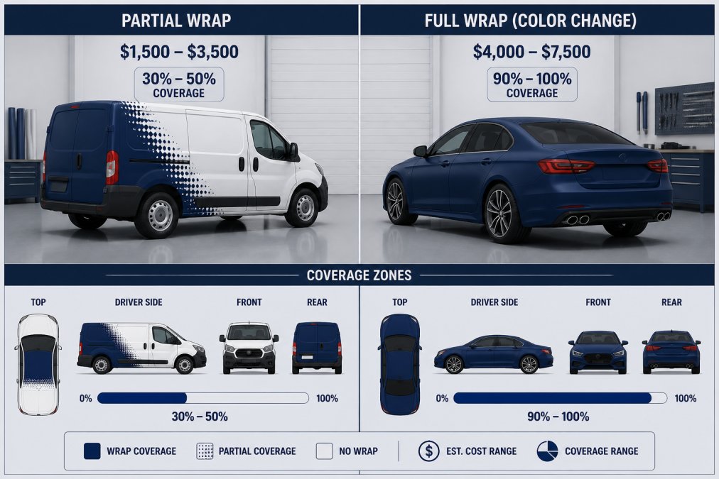 Comparison infographic showing vehicle wrap cost differences between partial and full coverage designs.