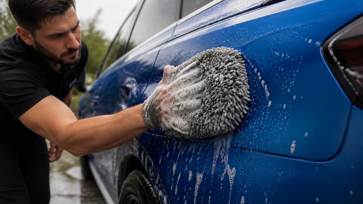 Professional detailer's hands using a soft microfiber mitt to gently wash a blue vinyl-wrapped vehicle panel with soapy water, natural sunlight reflecting off the wrap surface