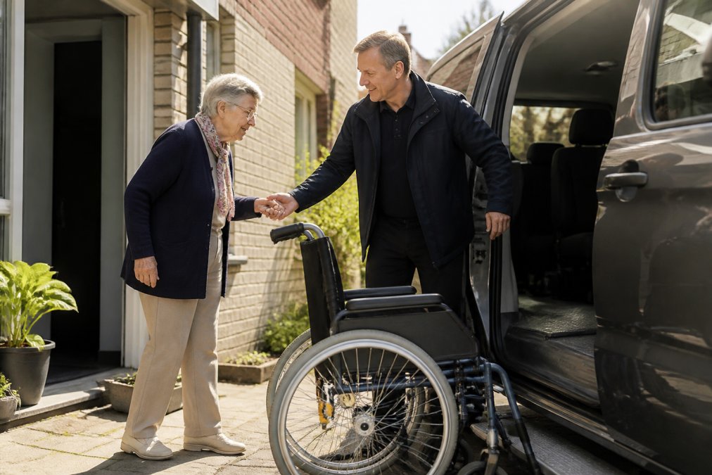 Vriendelijke chauffeur helpt een oudere dame bij het instappen in een rolstoeltaxi voor veilig medisch vervoer.
