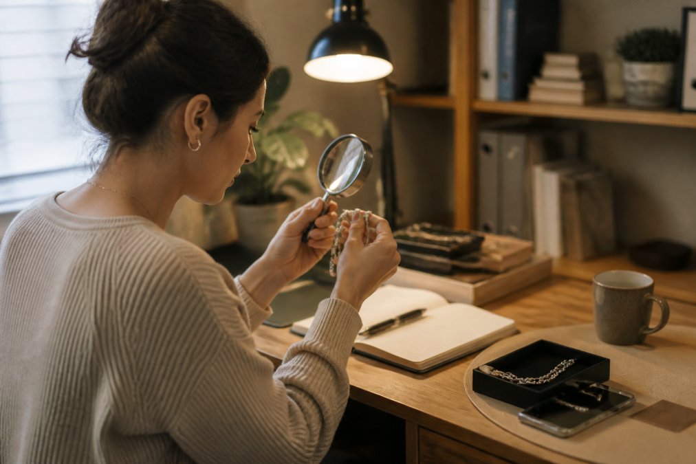 Vrouw aan moderne laptop thuis die een online juwelierszaak bekijkt, beoordelingen en certificaten zichtbaar op het scherm, warm kantoorlicht