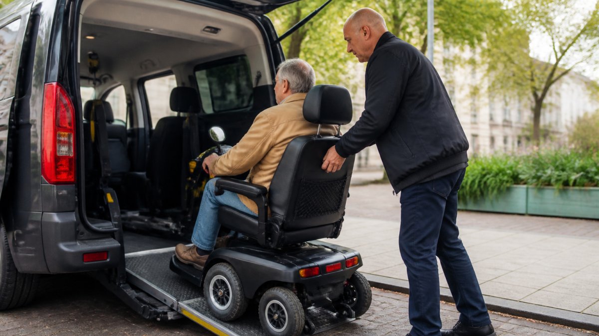 Medisch gecertificeerde chauffeur helpt een scootmobielgebruiker voorzichtig bij het instappen in een aangepast voertuig met oprijplaat, in het daglicht