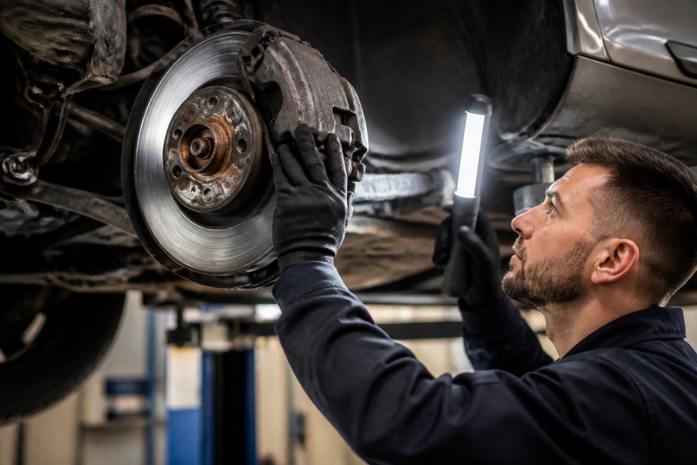 Monteur inspecteert remmen met lamp om de veiligheid van auto onderdelen te controleren op slijtage.